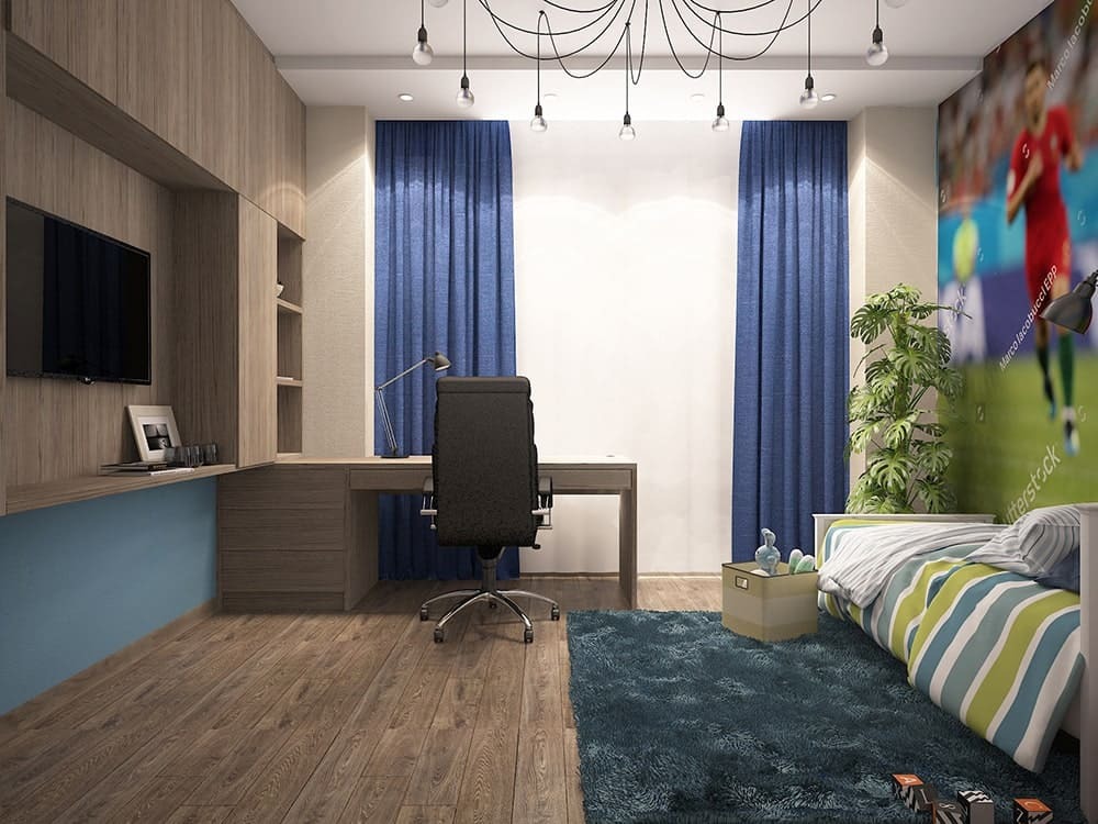 Деревянная кровать в детской комнате мальчика с практичной системой хранения, Екатеринбург