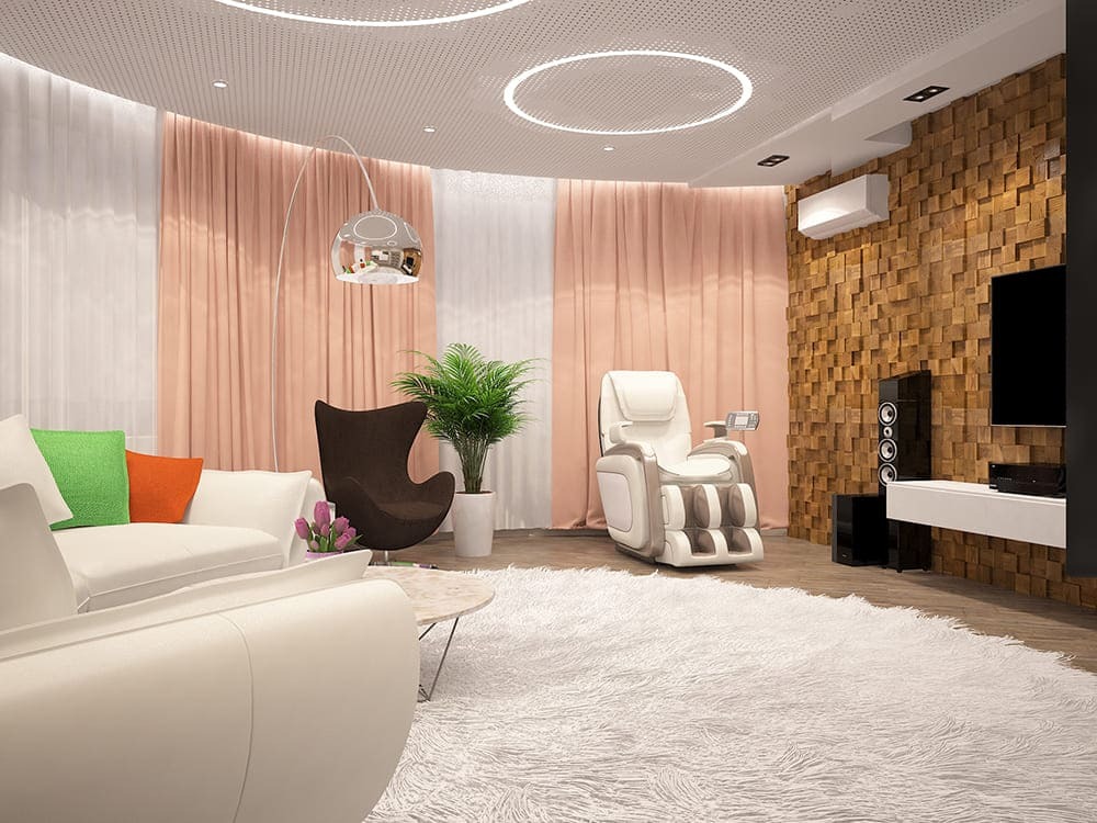 Гостиная с экраном для проектора, акустическим потолком и подвесной мебелью под телевизором, Екатеринбург