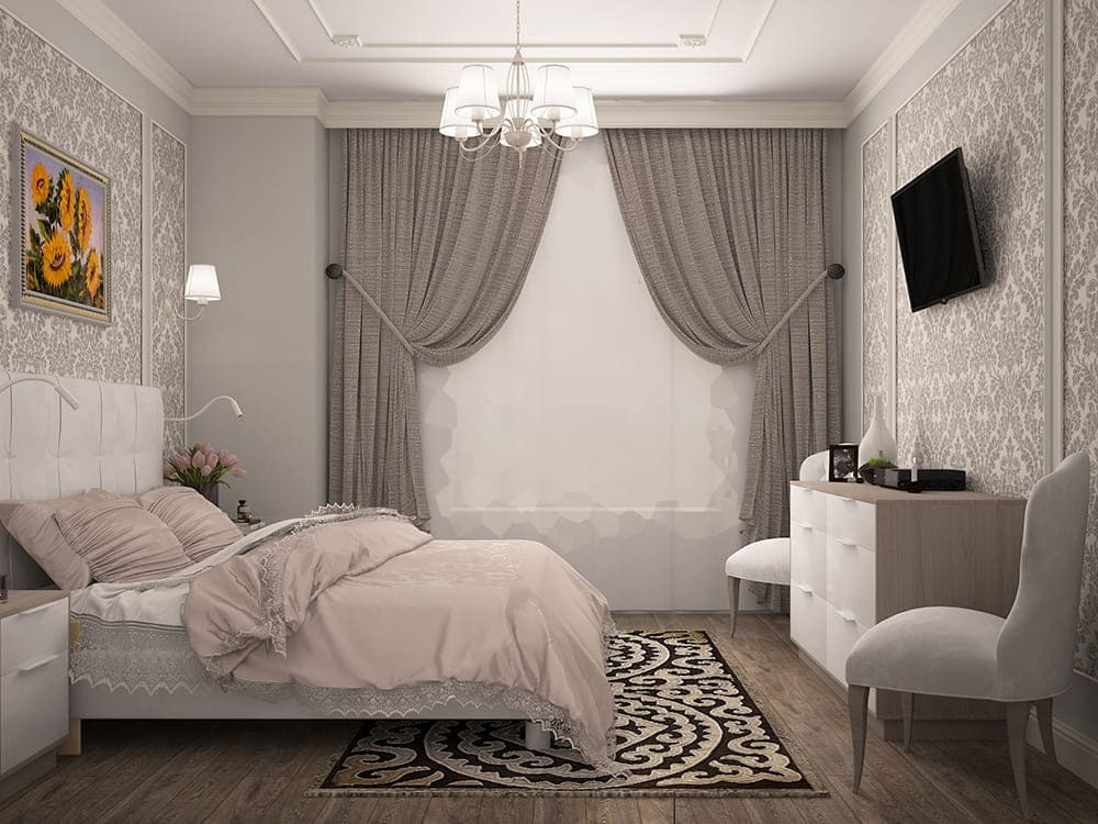 Проект спальни в теплых оттенкахс молдингами, дизайн Goldiz Екатеринбург