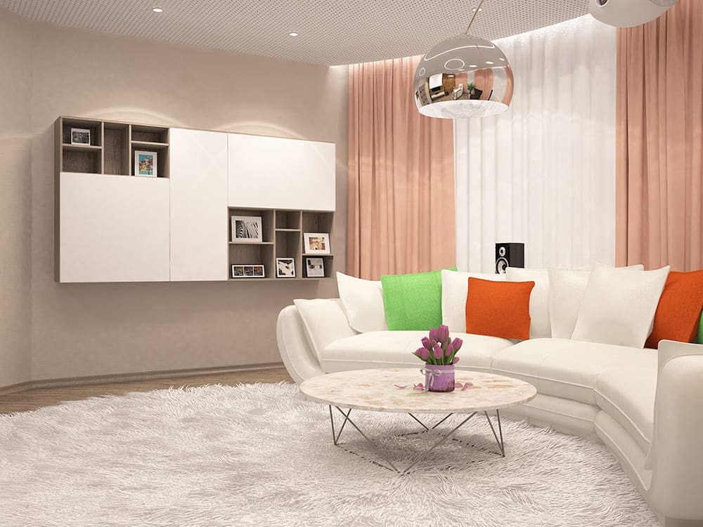 Интерьер с декоративной стеной из массива дерева и встроенной акустикой, современный дизайн