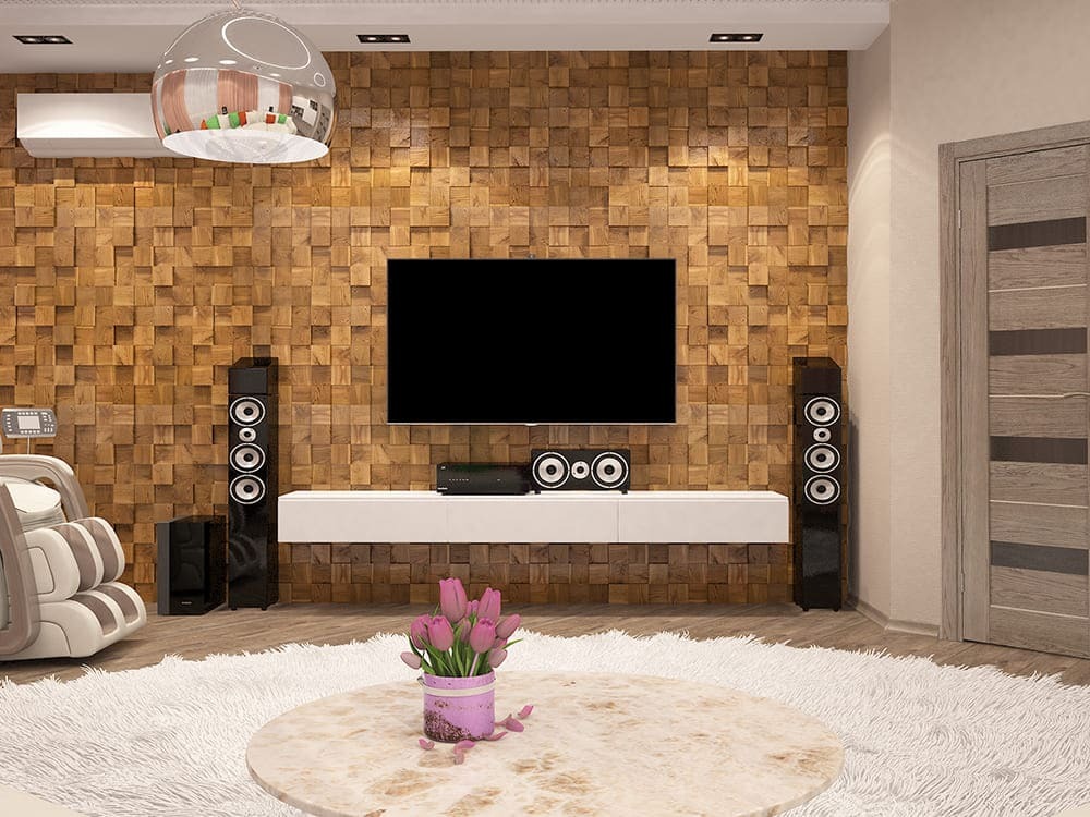 Дизайн гостиной с домашним кинотеатром, подвесной мебелью и теплым освещением, Екатеринбург