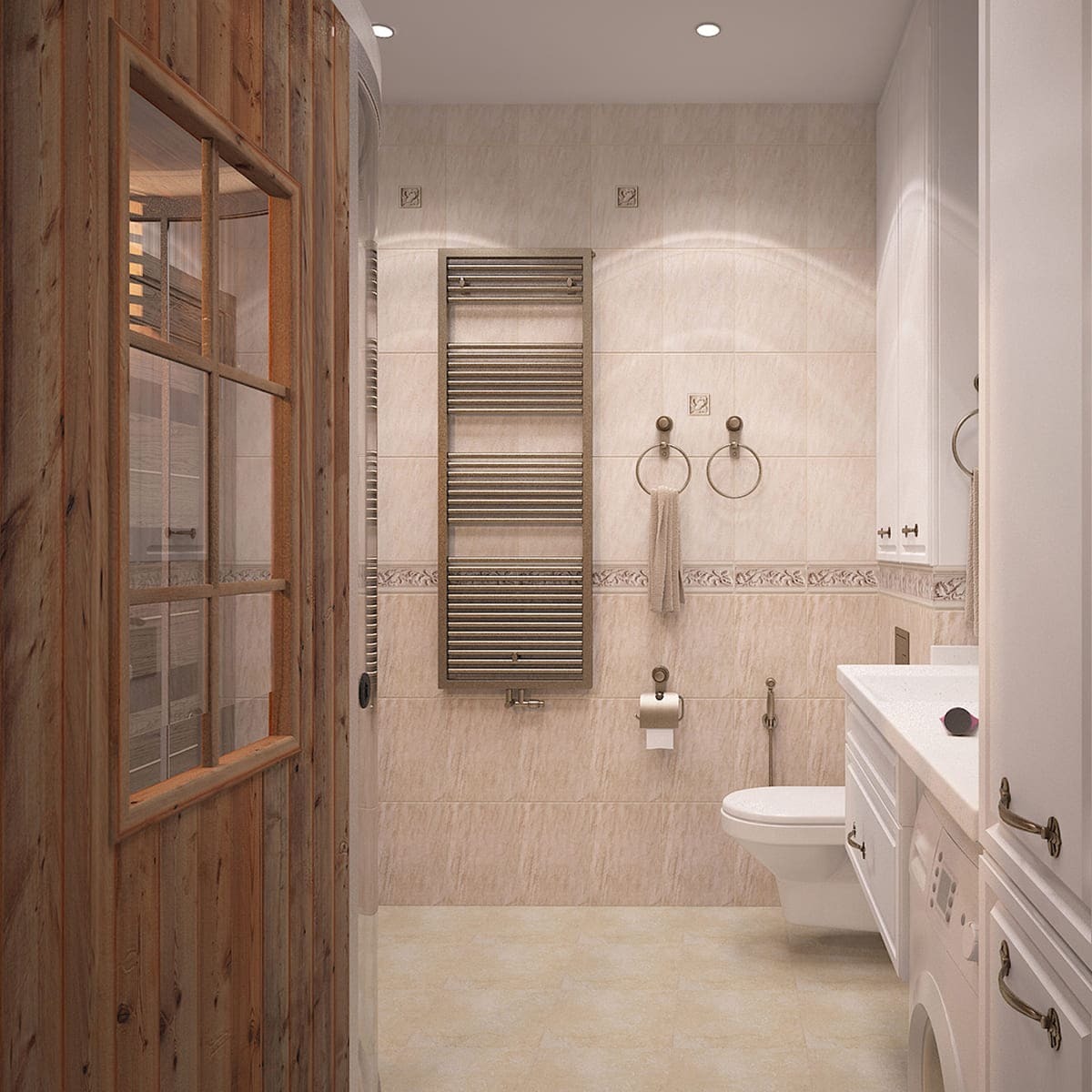 Ванная комната с деревянной перегородкой, теплой плиткой и настенным полотенцесушителем