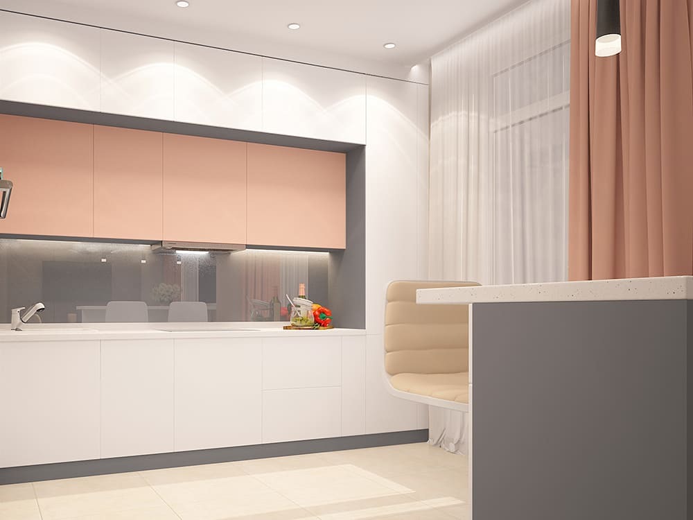 Современная светлая кухня с персиковыми фасадами и мягкой потолочной подсветкой