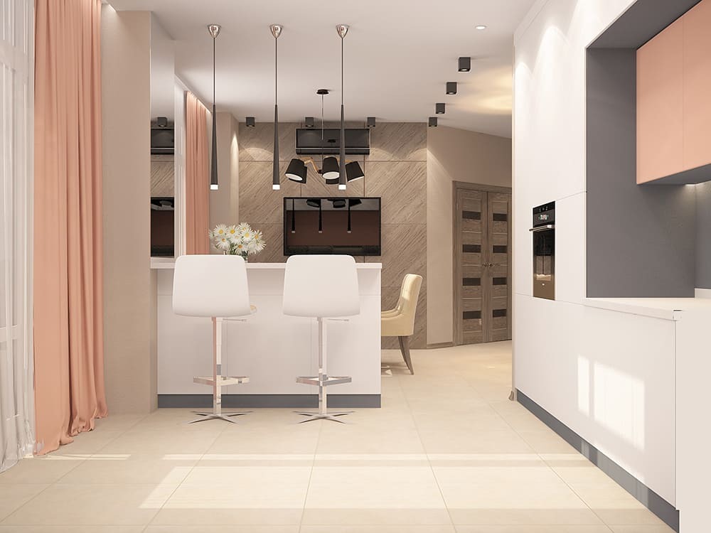 Кухня-столовая с барной стойкой, подвесными светильниками и мягкими шторами