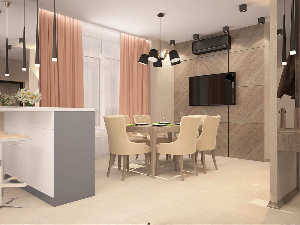 Современная обеденная зона с круглым столом и дизайнерскими светильниками