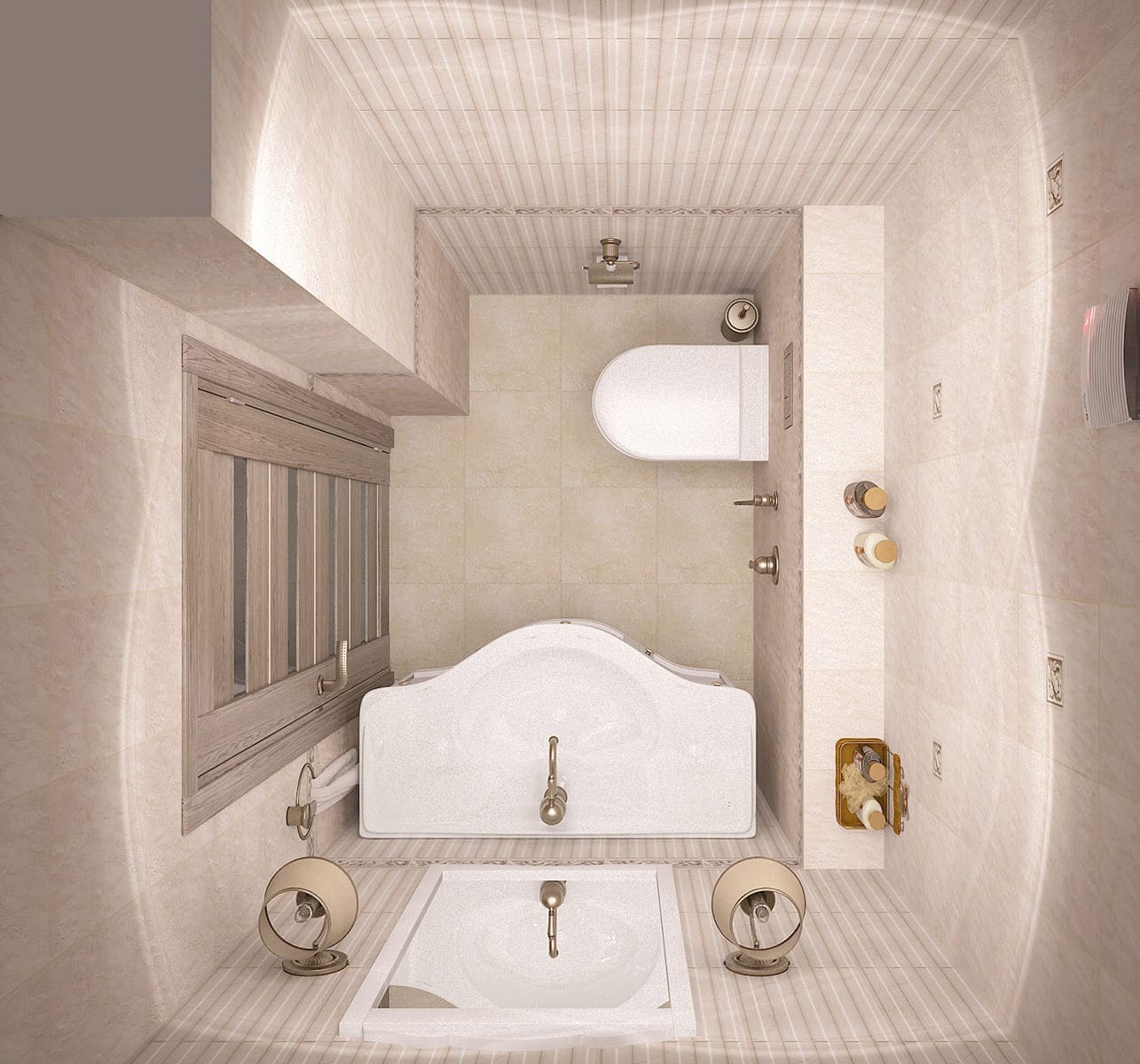 Планировка ванной комнаты с бежевой плиткой и функциональным решением от дизайнеров Goldiz