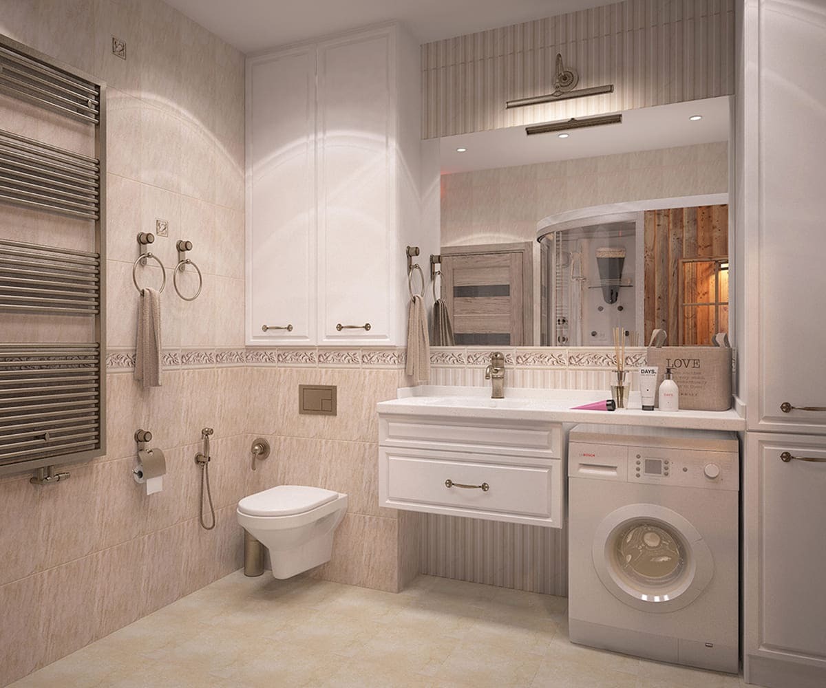 Уютная ванная комната в стиле современной классики с настенным полотенцесушителем и подвесным унитазом