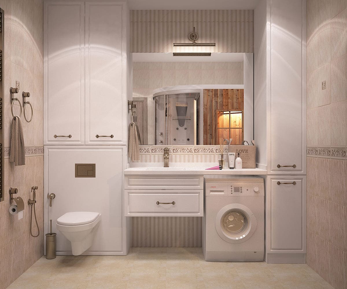 Интерьер санузла в теплых бежевых оттенках с большим зеркалом и встроенными шкафами