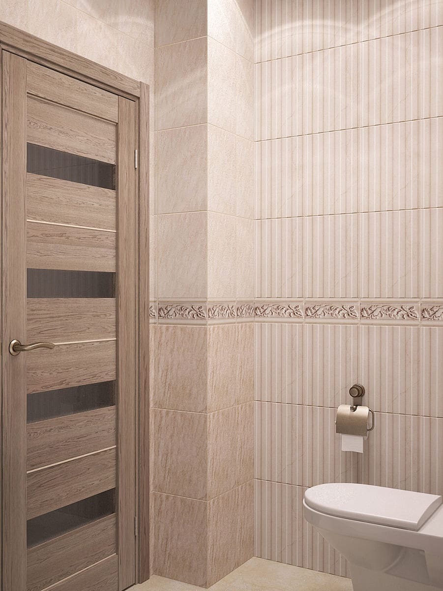 Санузел в стиле современной классики — бежевые плитки, тумба с раковиной и бронзовая арматура
