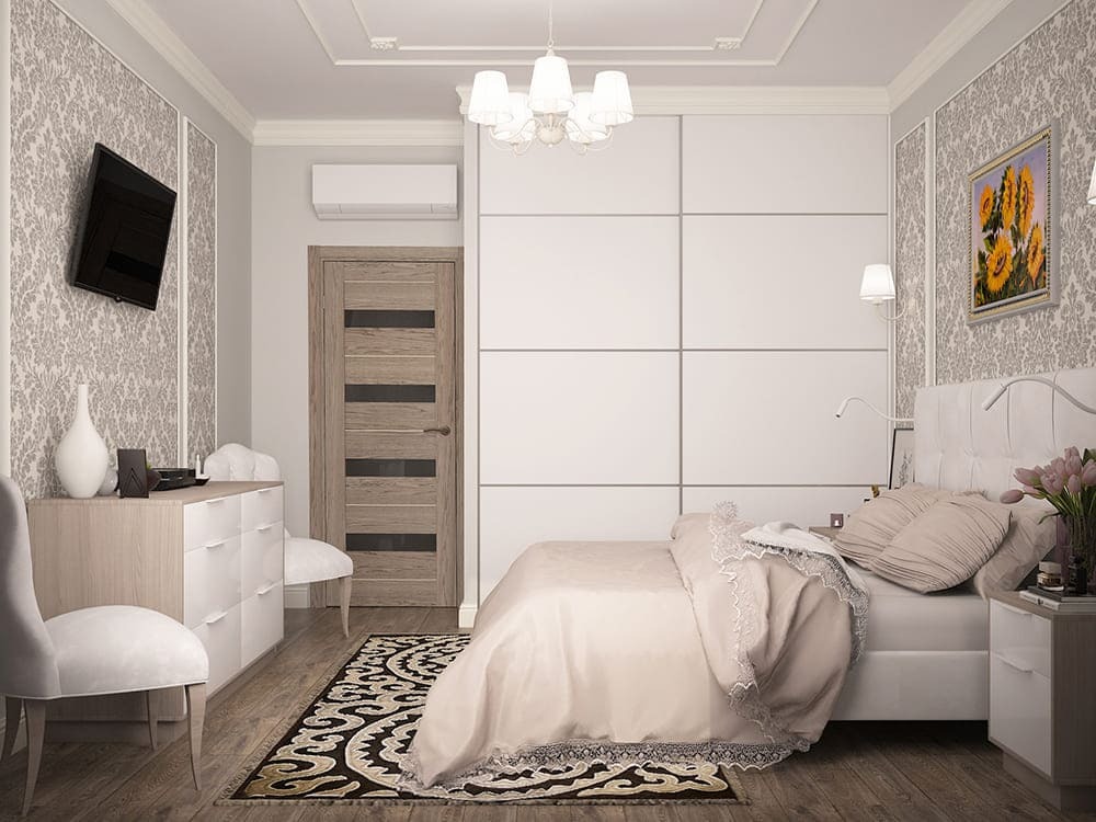 Светлая спальня в стиле современной классики с декоративными панелями и симметричным освещение, Goldiz Екатеринбург