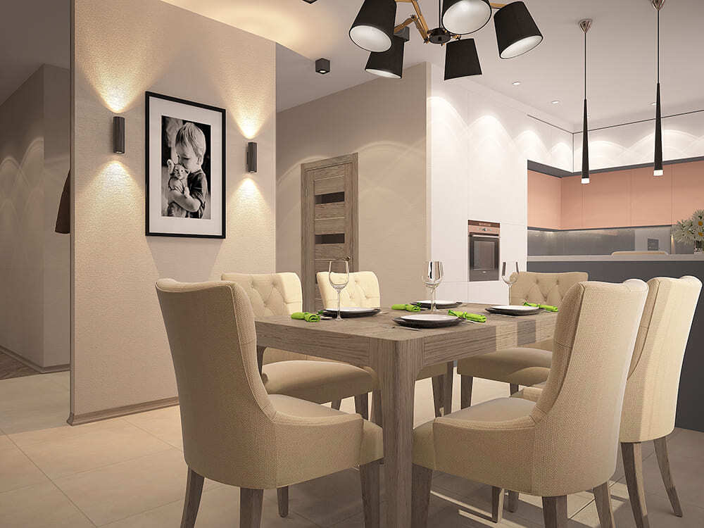 Столовая с акцентным освещением и современными декоративными элементами