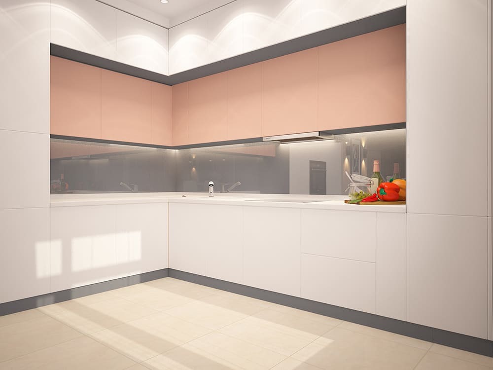 Угловая современная кухня в светлых и персиковых оттенках с лаконичными фасадами
