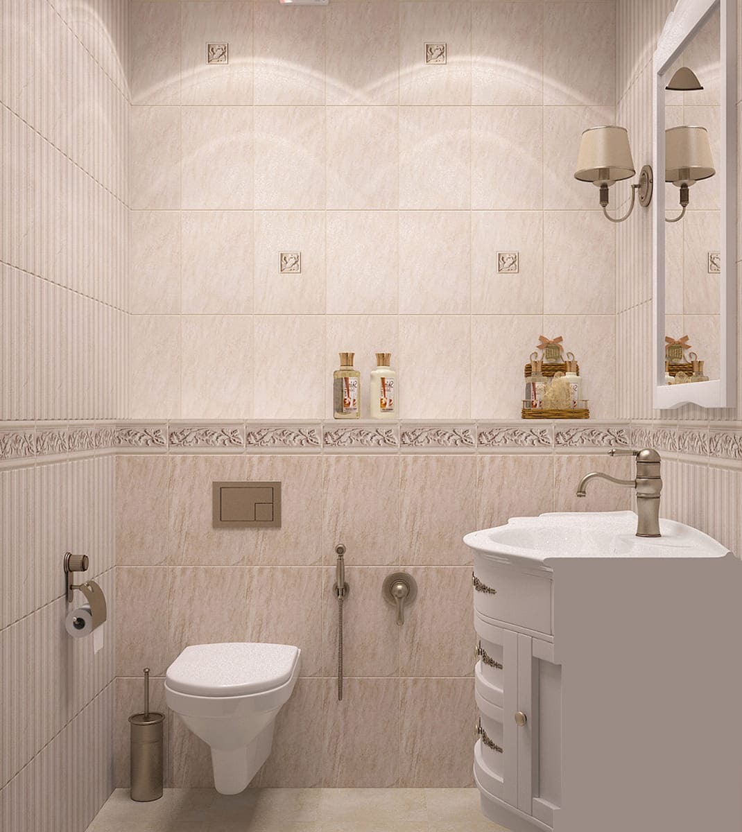 Ванная комната с подвесным унитазом, настенными бра и зеркалом в раме — дизайн от Goldiz