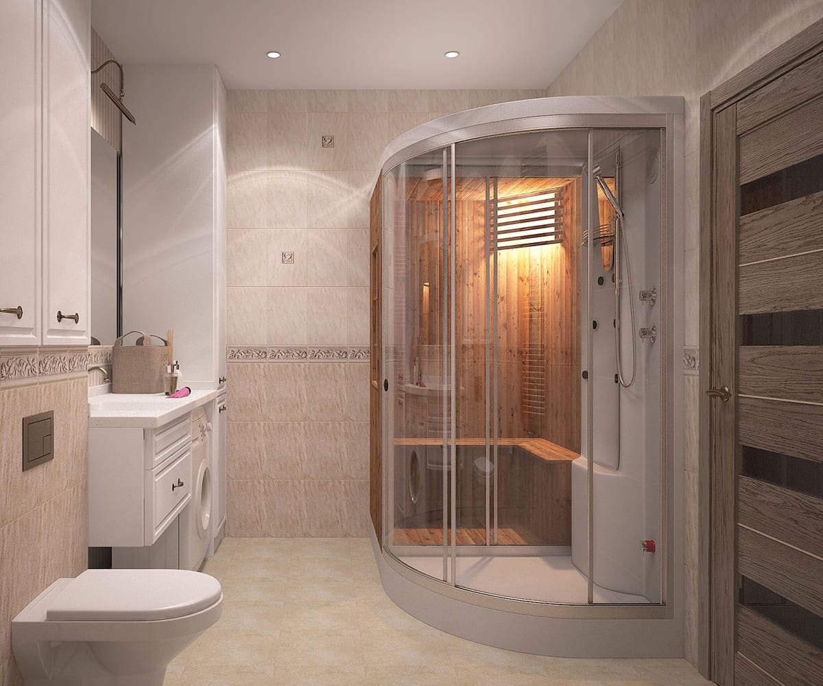 Дизайн ванной комнаты с круглой душевой кабиной и классическими светильниками