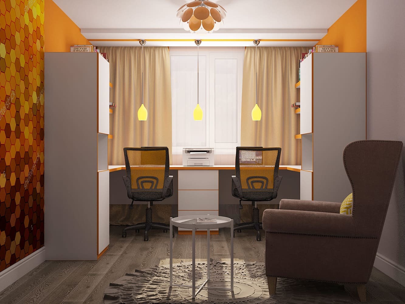 Современный кабинет с яркими оранжевыми акцентами и стильным освещением. Использование функциональной мебели, встроенных полок и удобных кресел создаёт рабочую атмосферу, в которой комфорт и стиль идут рука об руку. Каждая деталь продумана для удобства работы и отдыха, что делает пространство универсальным.