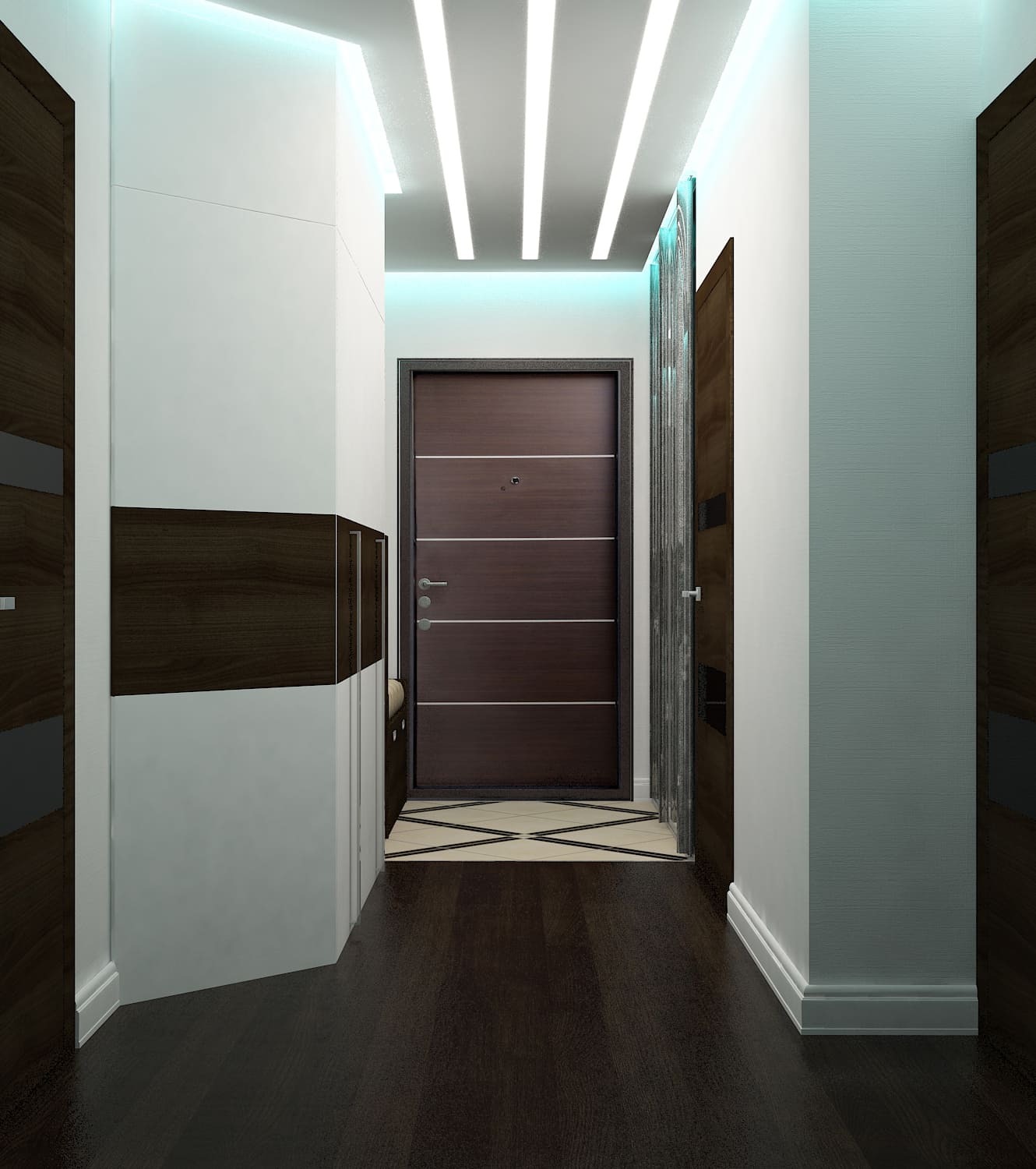 Современный дизайн прихожей с акцентом на стильное освещение и функциональность. Использование встроенных шкафов и качественных отделочных материалов позволяет создать практичное и визуально привлекательное пространство. Пространство зонировано с помощью эффектного освещения, которое подчеркивает стиль и создаёт уютную атмосферу