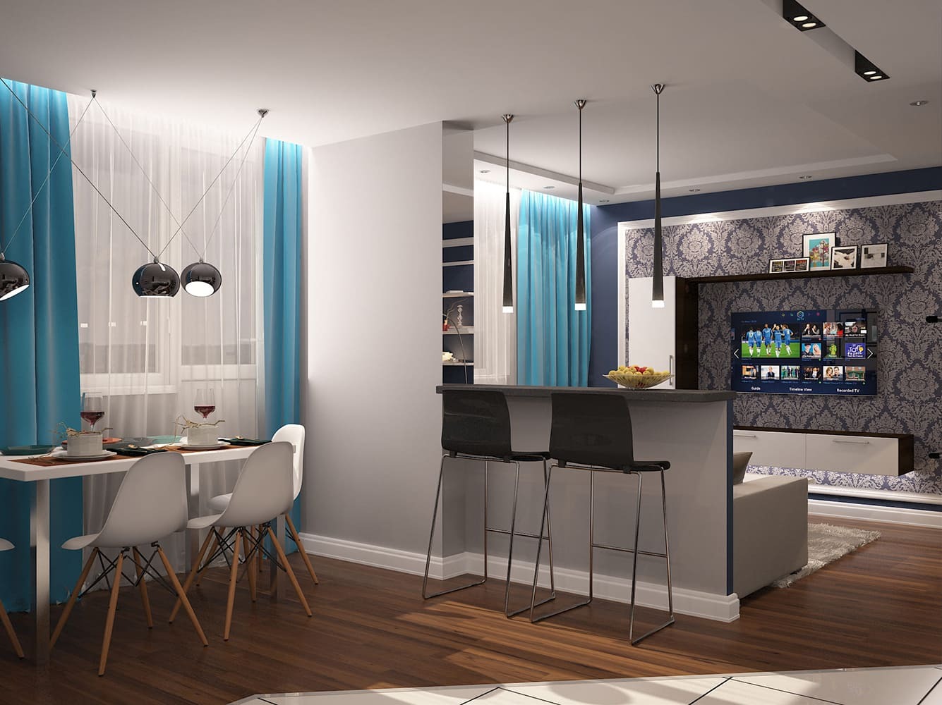 Уютная зона отдыха в кухне-гостиной с дизайнерским телевизором и стильными полками на стенах. Светлые тона стен и темные акценты мебели создают гармоничное пространство
