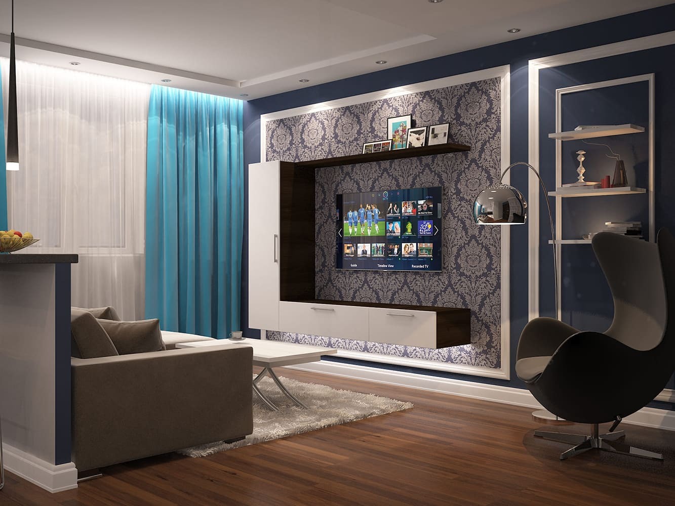 Современная кухня с белыми фасадами шкафов и встроенной техникой, идеально вписывающейся в минималистичный интерьер. Светодиодное освещение на стенах подчеркивает элегантность и функциональность