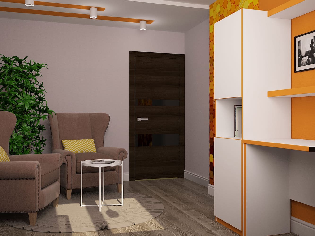 Просторный кабинет с продуманным дизайном, включающим светлые и тёплые тона, которые создают комфортную атмосферу для работы. Стильные элементы освещения, такие как подвесные лампы, добавляют индивидуальности, а функциональные полки и столы позволяют организовать рабочее пространство.