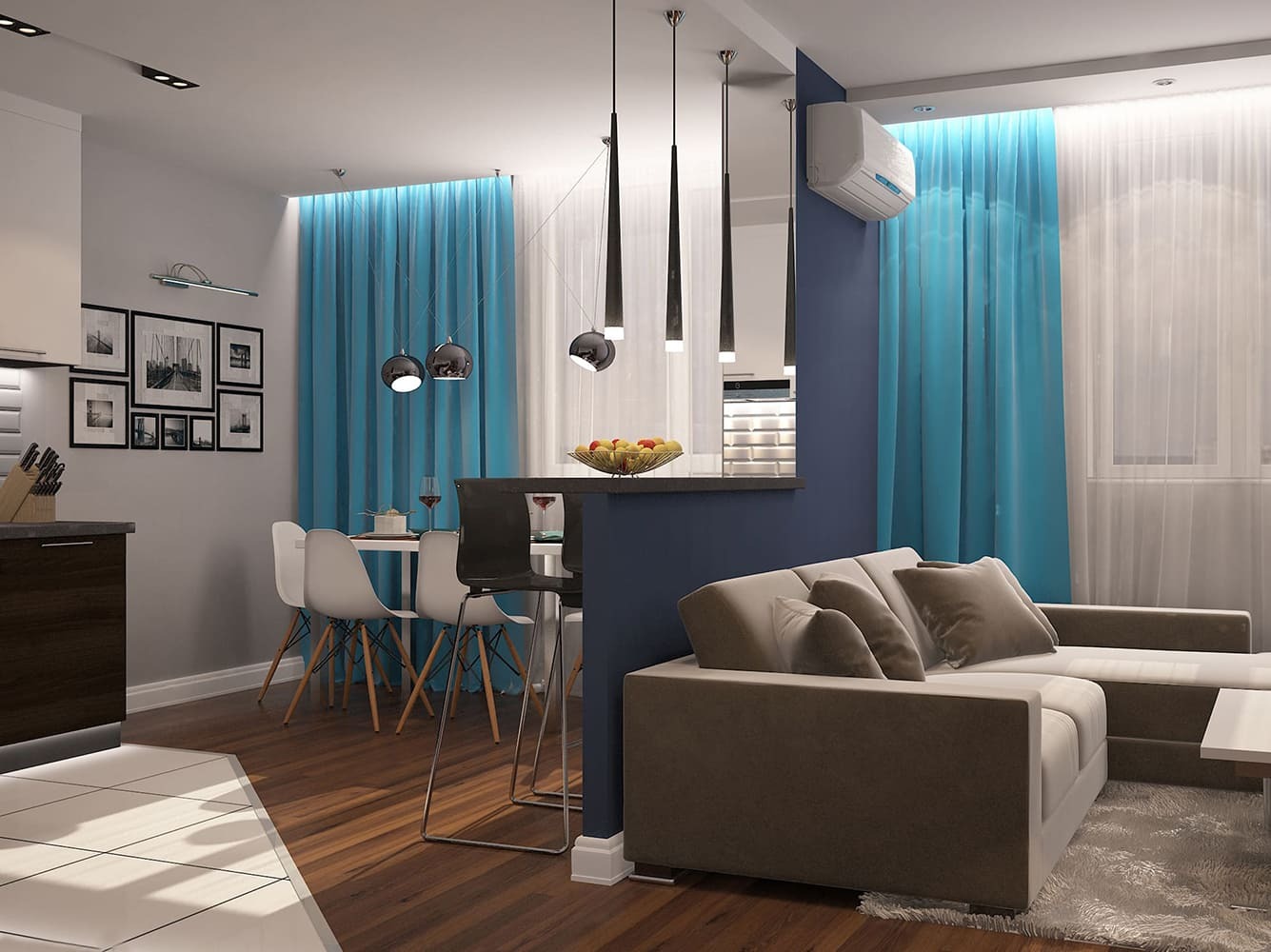 Просторная кухня-гостиная с яркими синими шторами и продуманным освещением, создающими уютную атмосферу. Встроенная техника и современные элементы декора акцентируют внимание на минимализме и функциональности