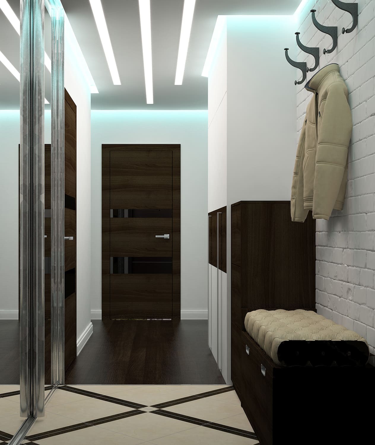 В прихожей, выполненной в современном стиле, особое внимание уделено освещению и аксессуарам. Светодиодные ленты по периметру потолка и вдоль стен создают эффектное освещение, которое позволяет визуально расширить пространство и добавить элегантности. Мебель и аксессуары выполняют не только декоративную функцию, но и добавляют удобства в повседневное использование.