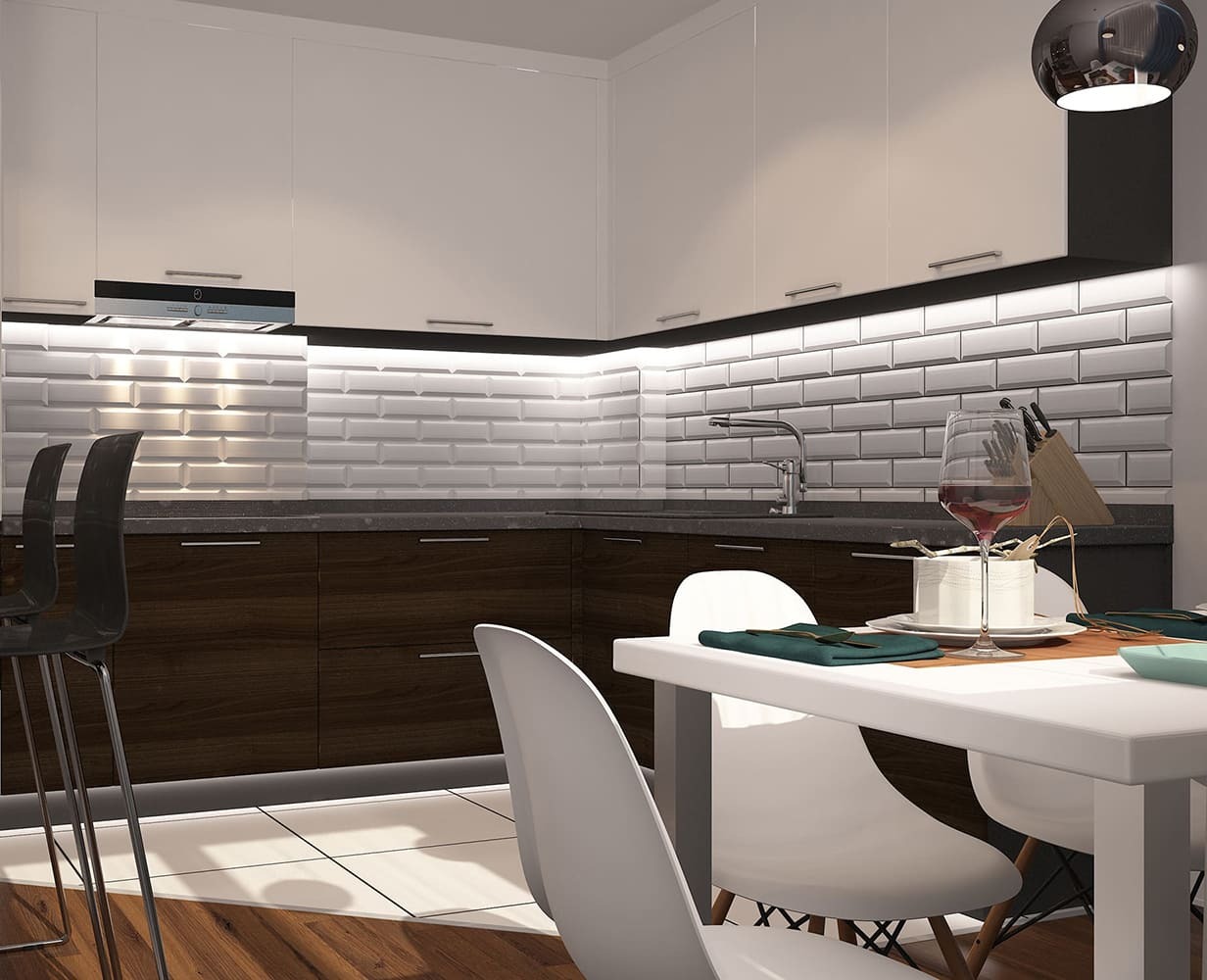 Современное освещение и эргономичная планировка, создающие гармоничную атмосферу в кухне-гостиной. Светлые стены и тёмные элементы мебели идеально сбалансированы, улучшая визуальный эффект