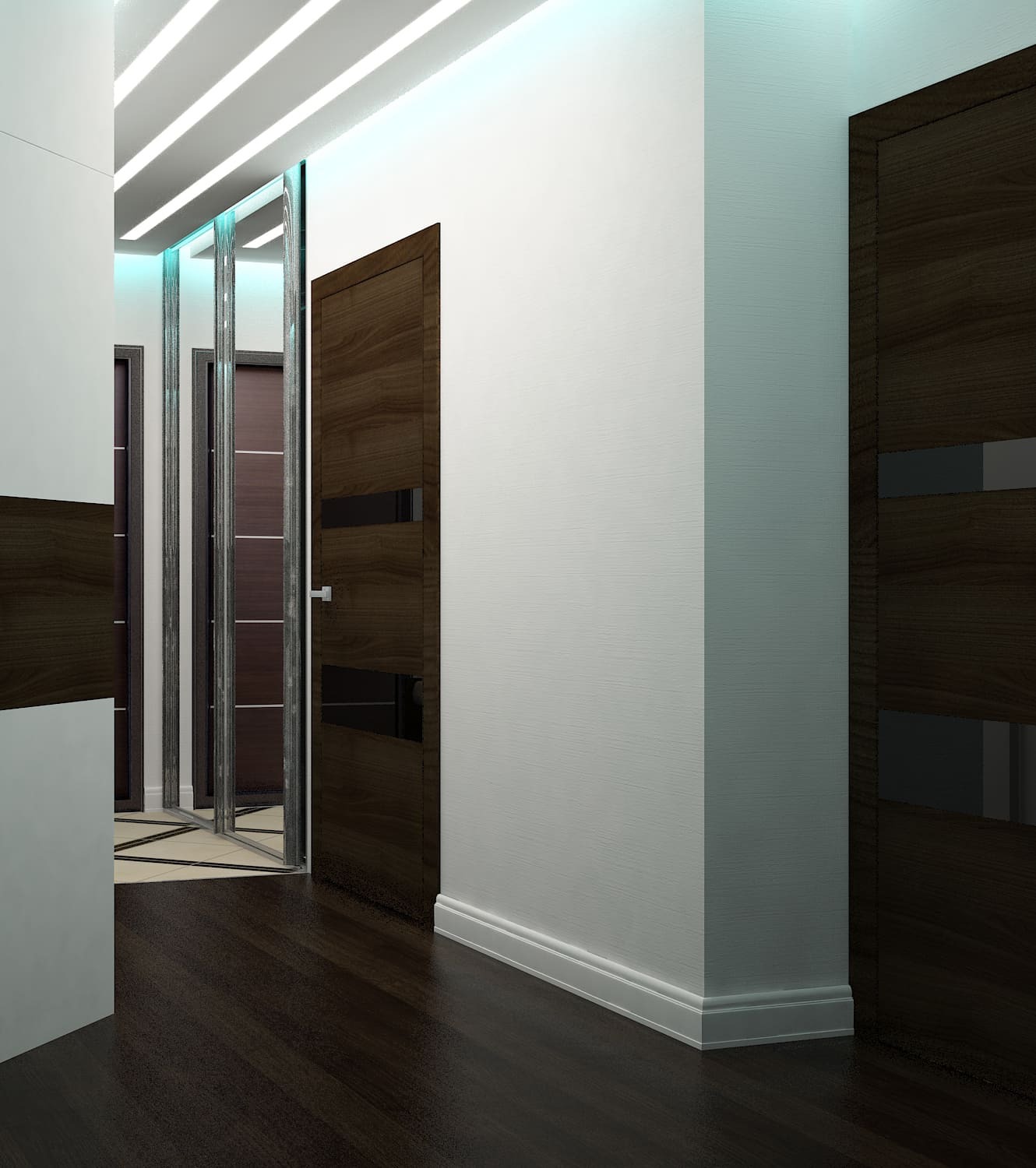 В этой прихожей дизайнеры использовали стильные и практичные решения, такие как встроенные шкафы и удобные сиденья. Белые стены в сочетании с темным деревом создают контраст, подчеркивая стиль и создавая ощущение простора. Оригинальное освещение и мебель делают пространство не только функциональным, но и комфортным.