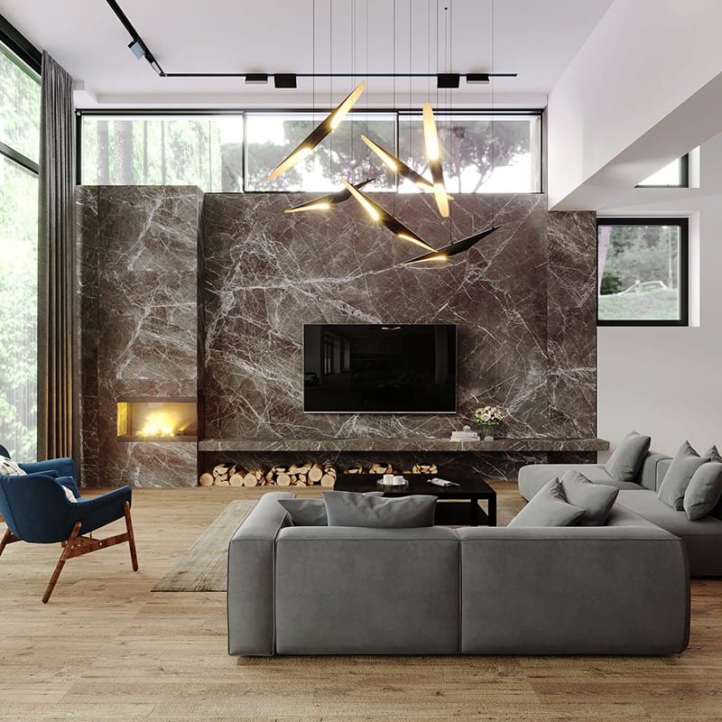 Дизайн интерьера дома в современном стиле с камином