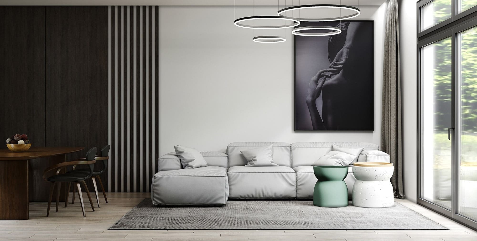 Интерьер гостиной и столовой зоны в коттедже с панорамными окнами