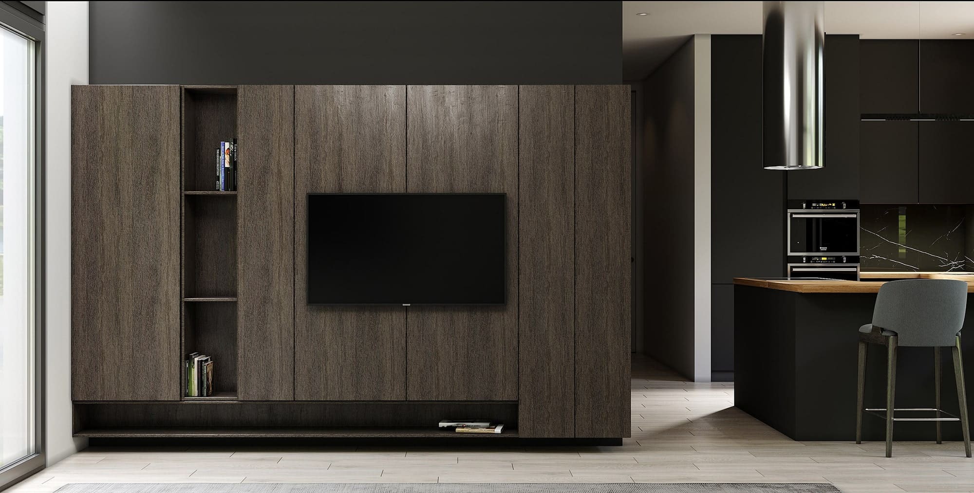 Гостиная в коттедже с ТВ-зоной из темного дерева и встроенными системами хранения