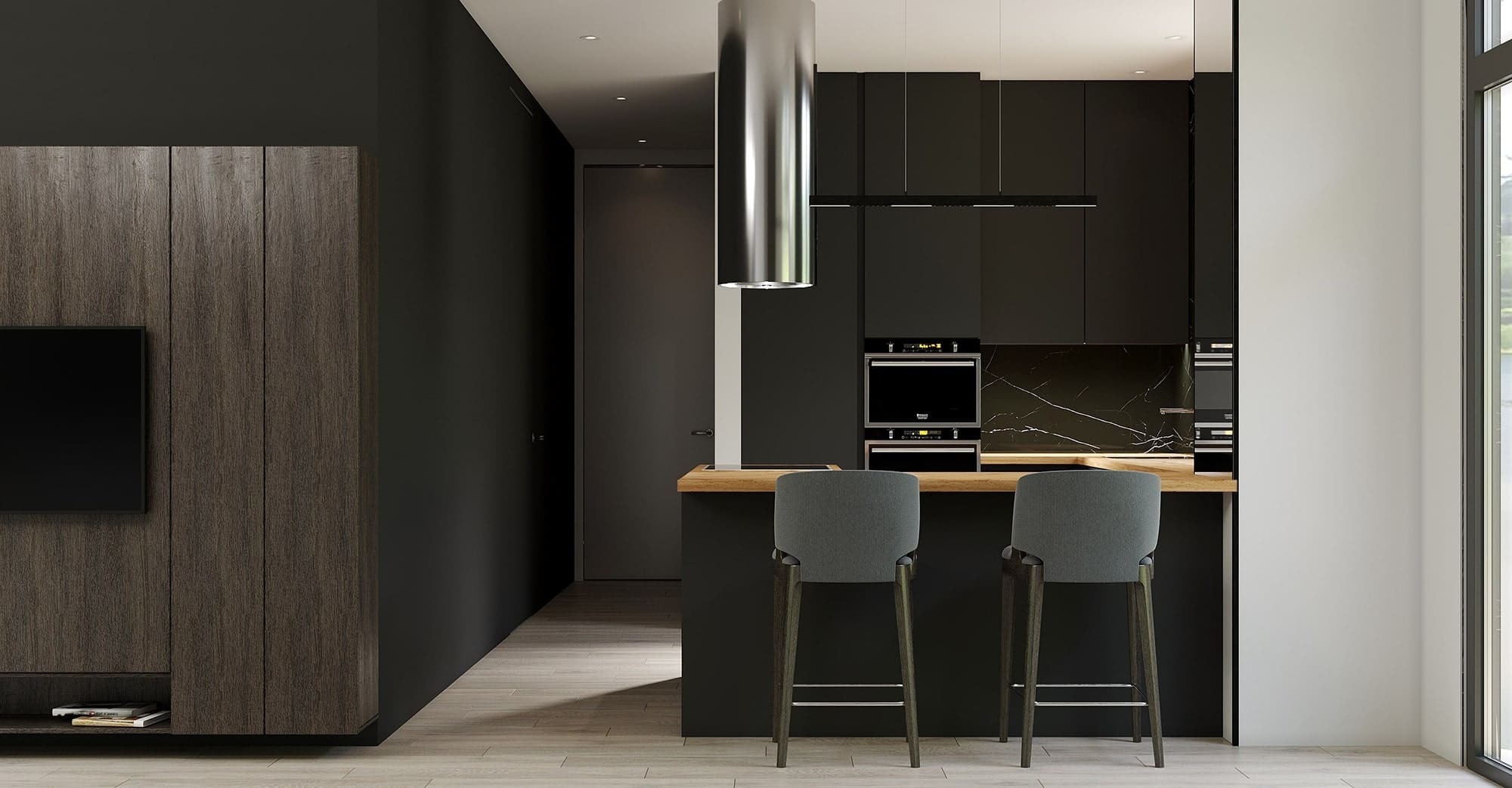 Интерьер кухни в коттедже с барными стульями, темными фасадами и деревянной отделкой