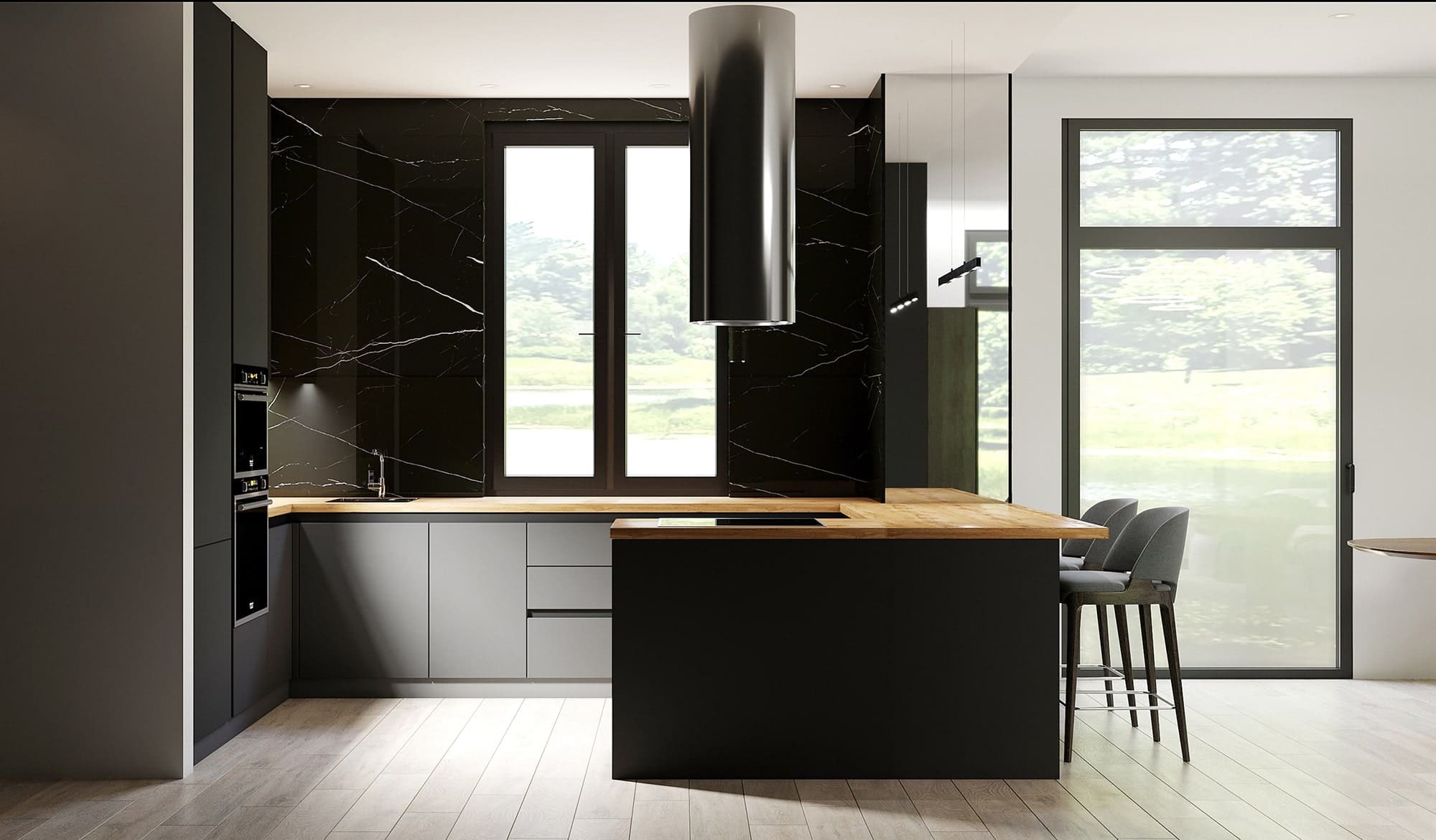 Интерьер кухни в коттедже с островом и темными фасадами, современный минимализм