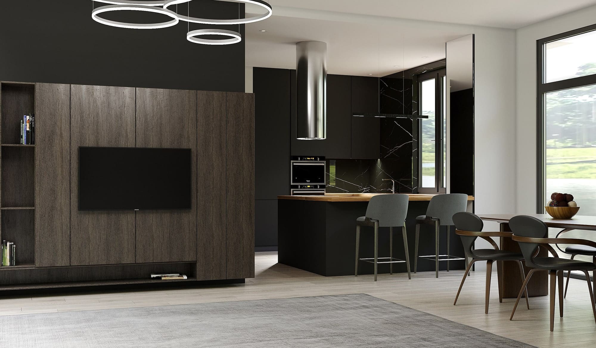 Современный дизайн коттеджа с гостиной и кухней в едином пространстве, темные панели и круглый светильник