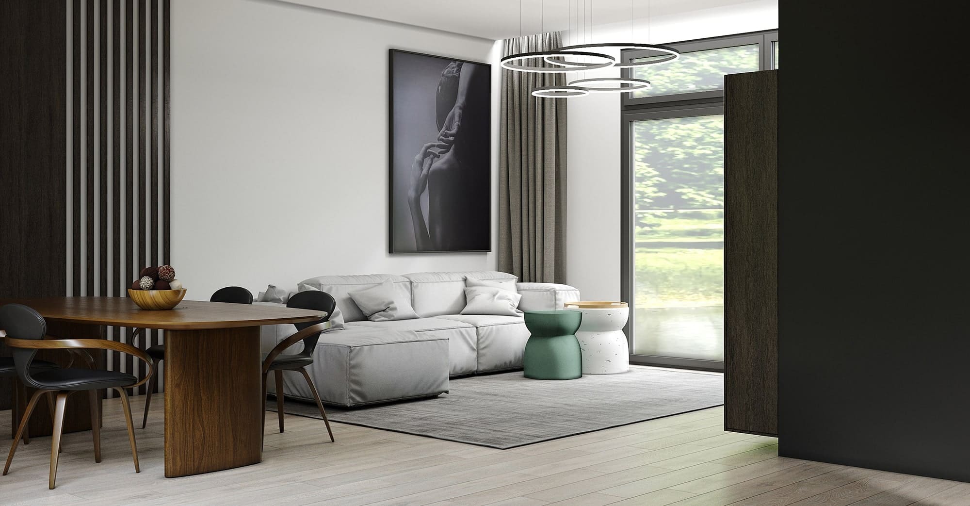 Современная гостиная в коттедже с мягким диваном и деревянным обеденным столом