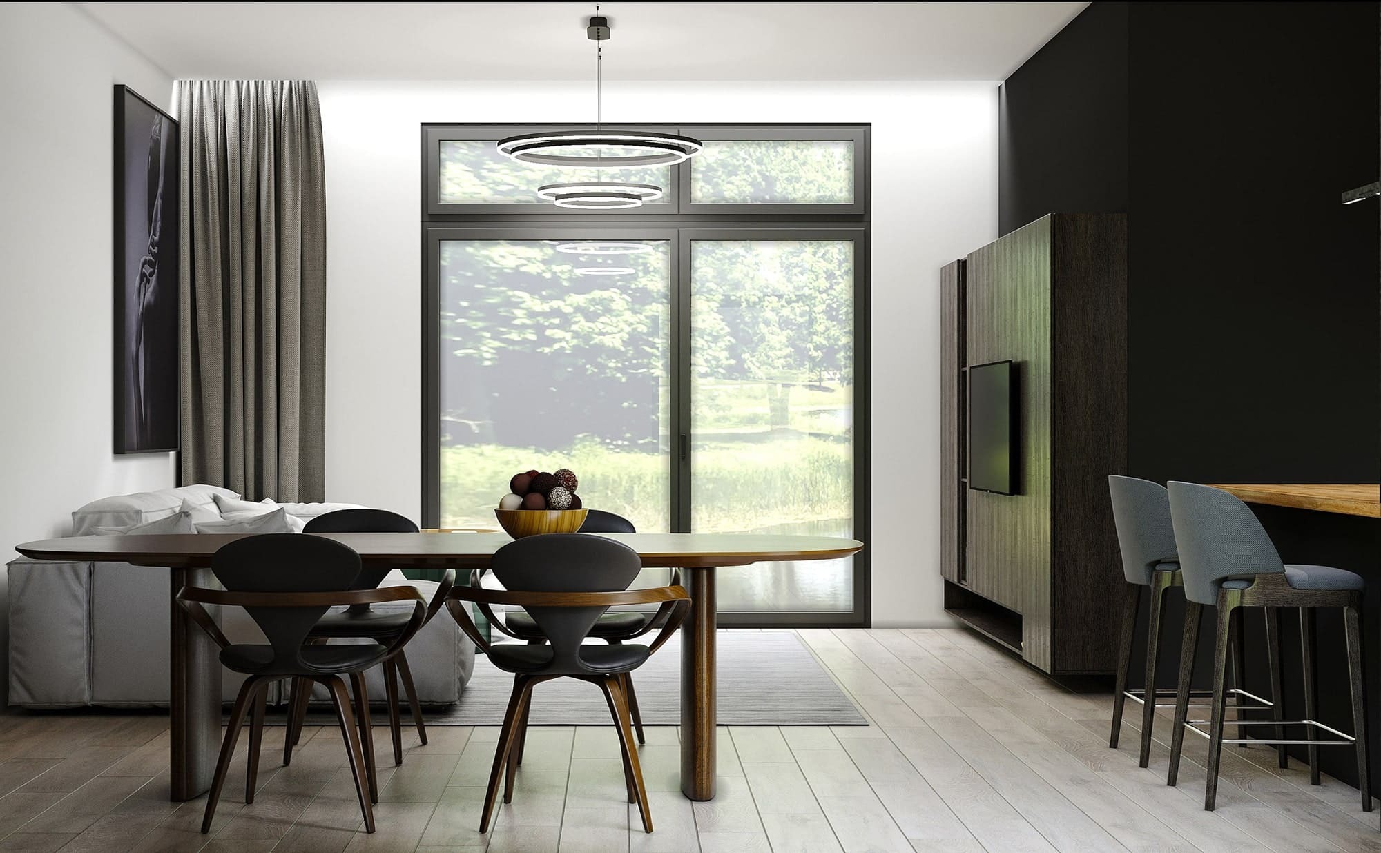 Столовая зона в коттедже у панорамного окна со светлым современным интерьером