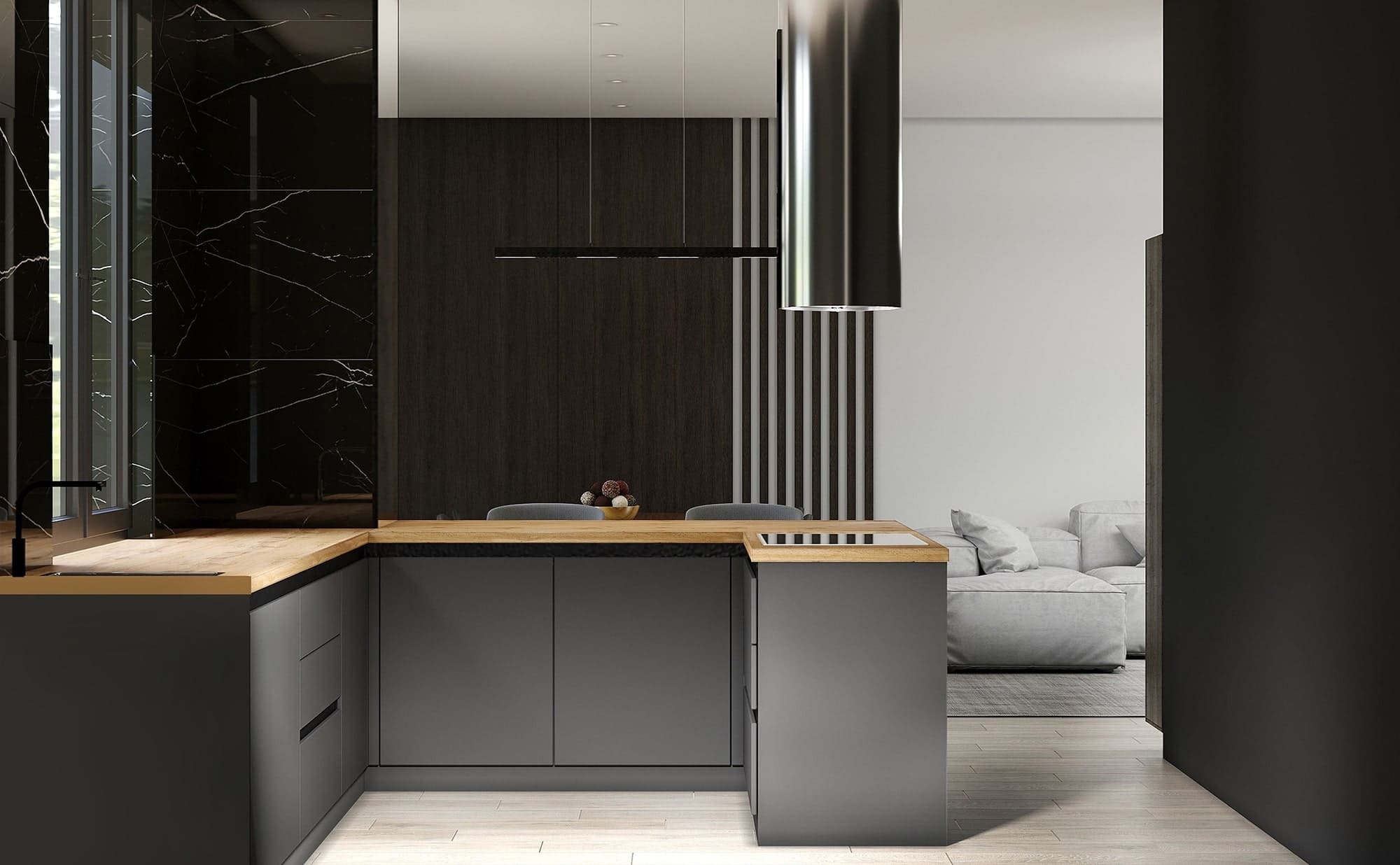 Угловая кухня в коттедже с черными фасадами, деревянной столешницей и островом