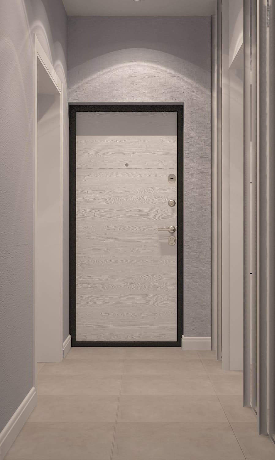 Дизайн коридора в светлой прихожей с входной дверью &mdash; современный интерьер в квартире ЖК Эверест