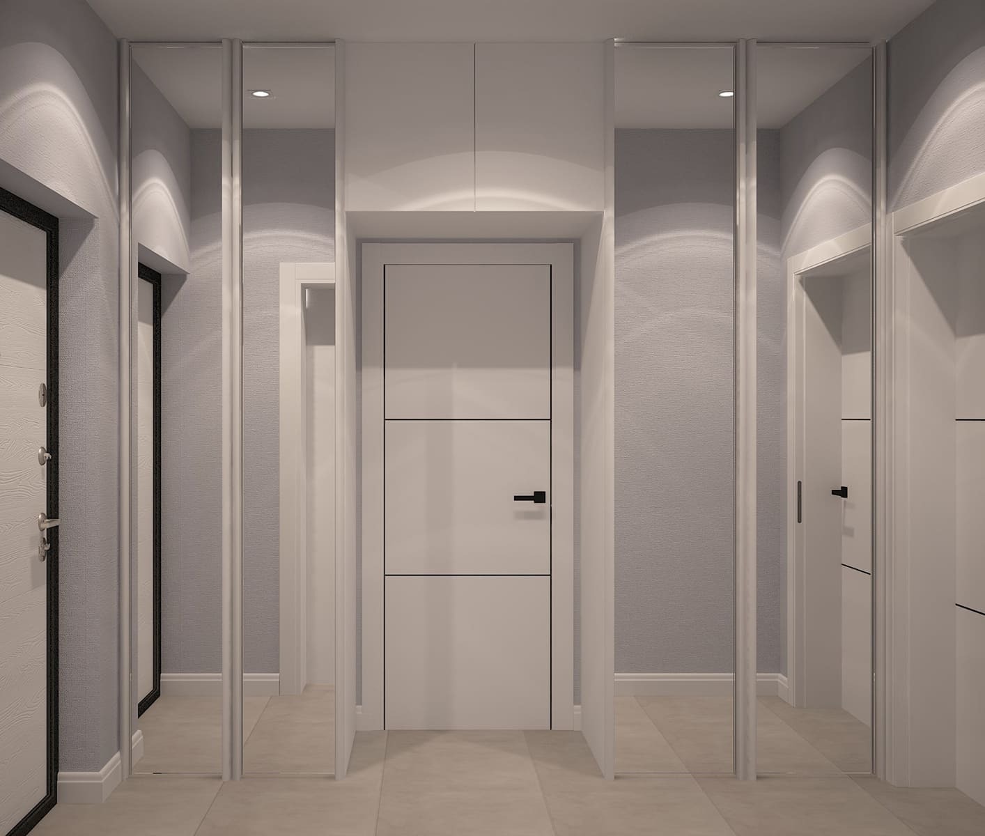 Дизайн коридора с зеркальными шкафами и современной подсветкой &mdash; светлая прихожая в ЖК Эверест