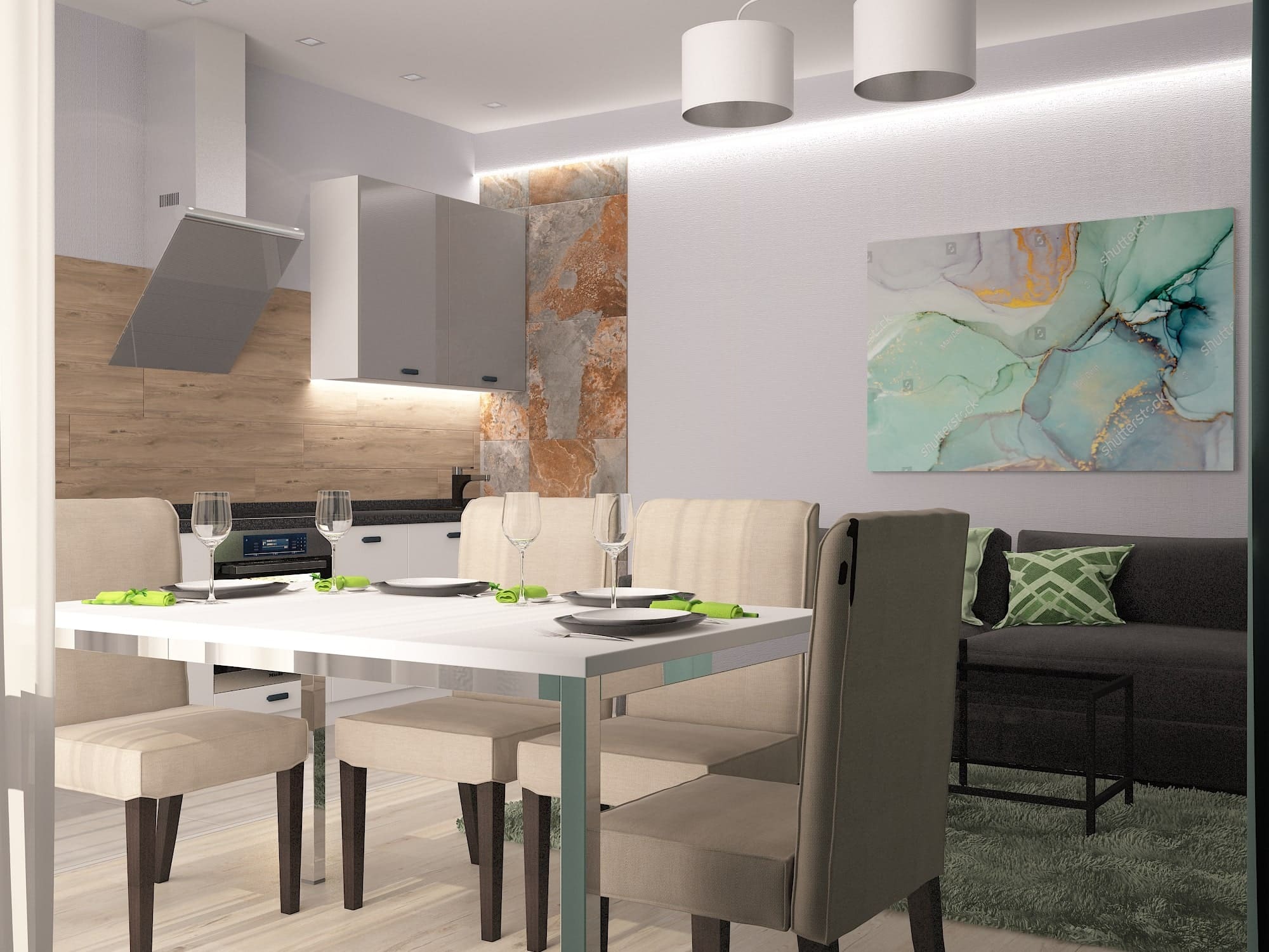 Визуализация пространства кухни-гостиной с обеденным столом, подвесными светильниками и декоративной картиной