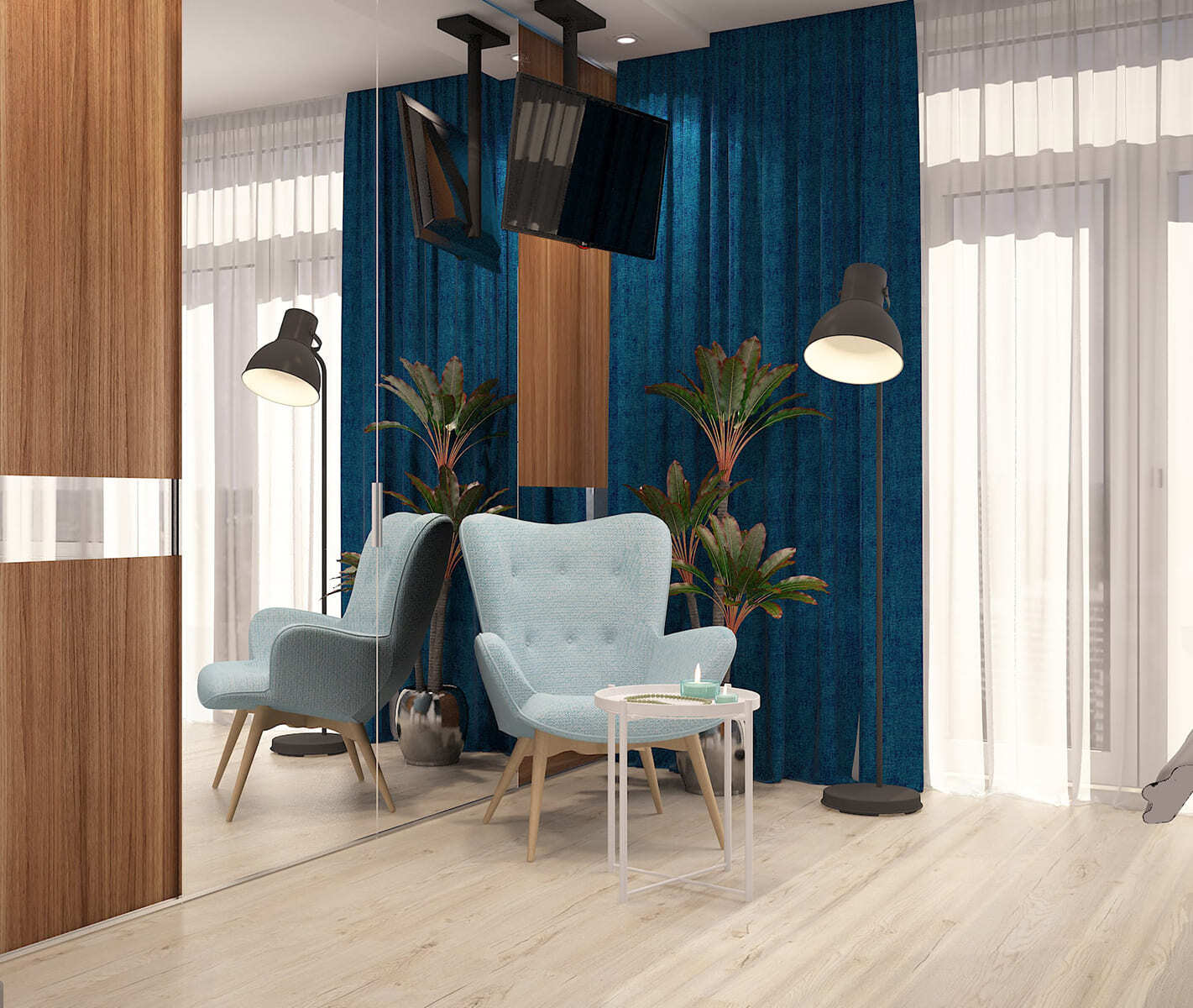 Дизайн спальни с зоной отдыха: голубое кресло, синие плотные шторы и декоративные растения в современном интерьере