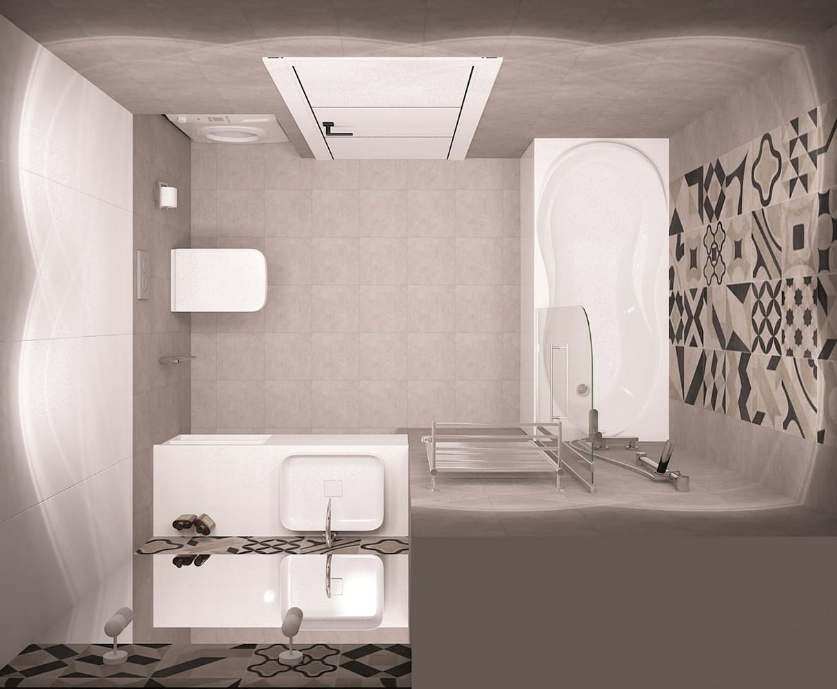 Вид сверху на дизайн-проект ванной комнаты с ванной, раковиной и акцентной плиткой