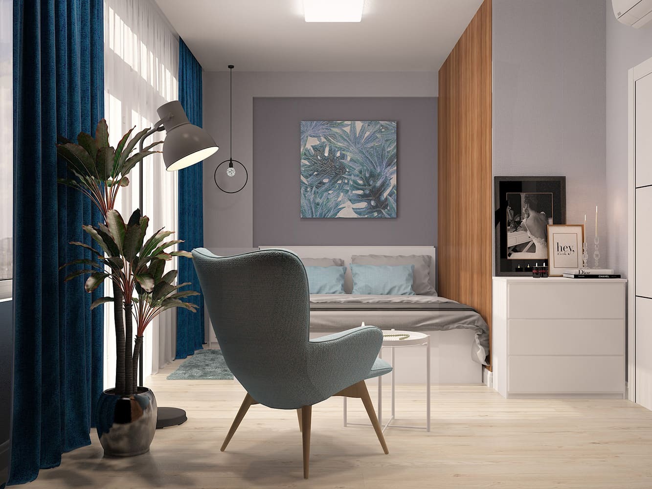 Панорамный вид интерьерного дизайн-проекта спальни с кроватью, деревянной перегородкой и зоной отдыха