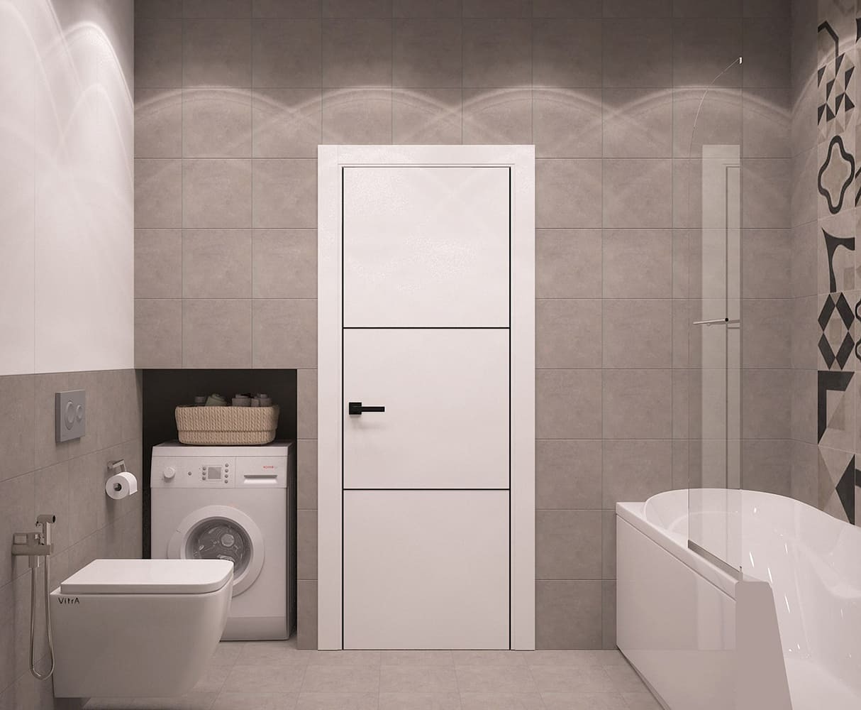 Планировочное решение ванной: стиральная машина, унитаз, ванна и светлые фасады мебели