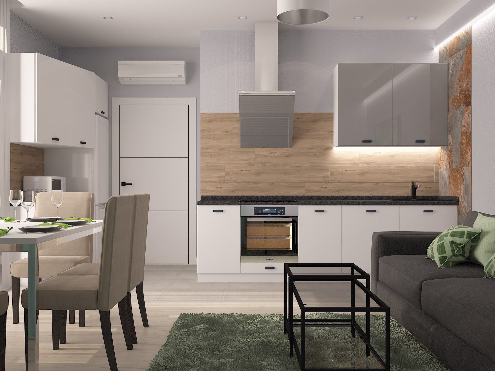 Дизайн-проект прямой кухни с встроенной техникой, серыми нижними модулями и деревянной отделкой