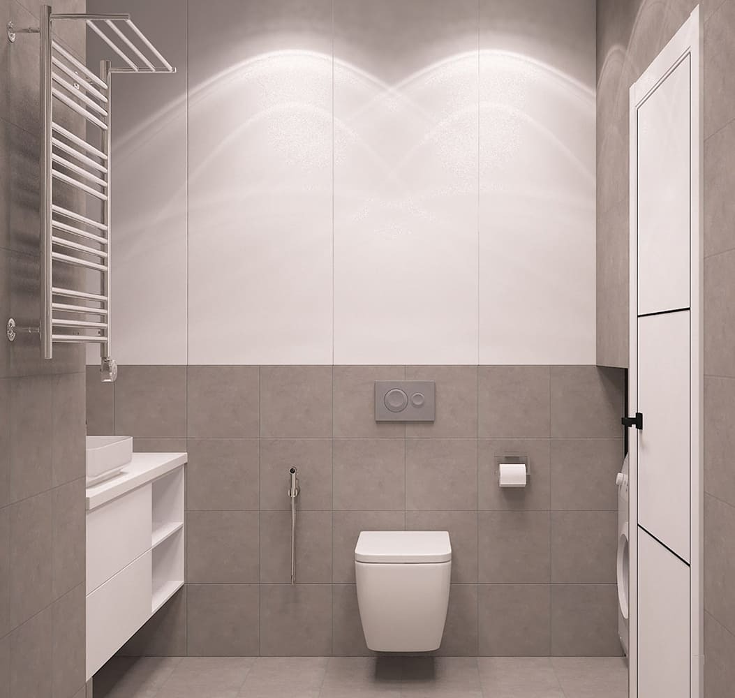 Подвесная тумба и белая раковина-чаша в дизайн-проекте ванной в современном стиле