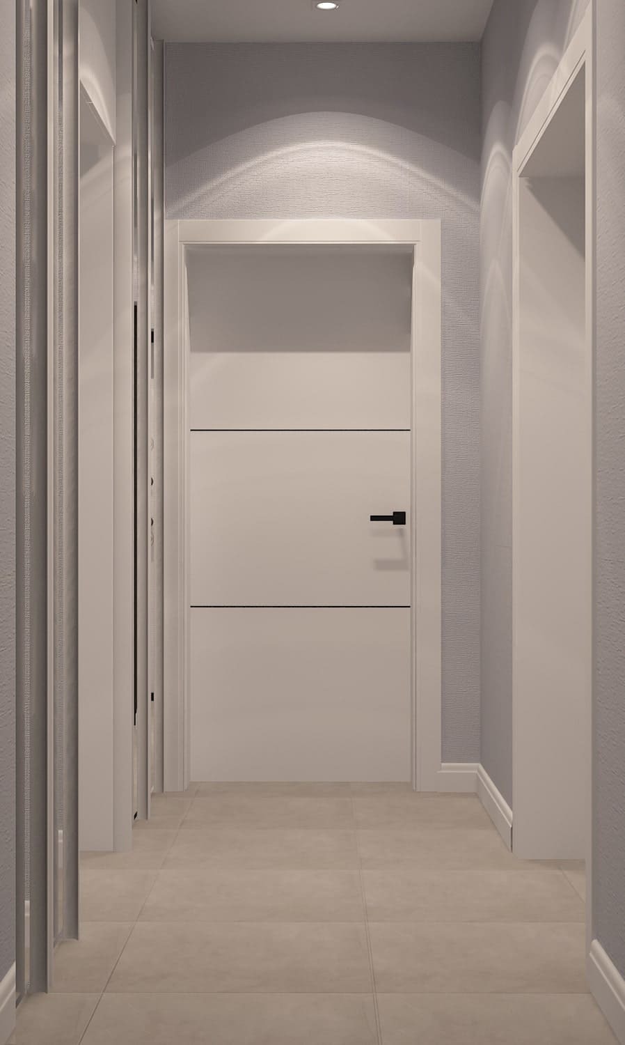 Светлый коридор с белыми межкомнатными дверями &mdash; современный дизайн-проект квартиры