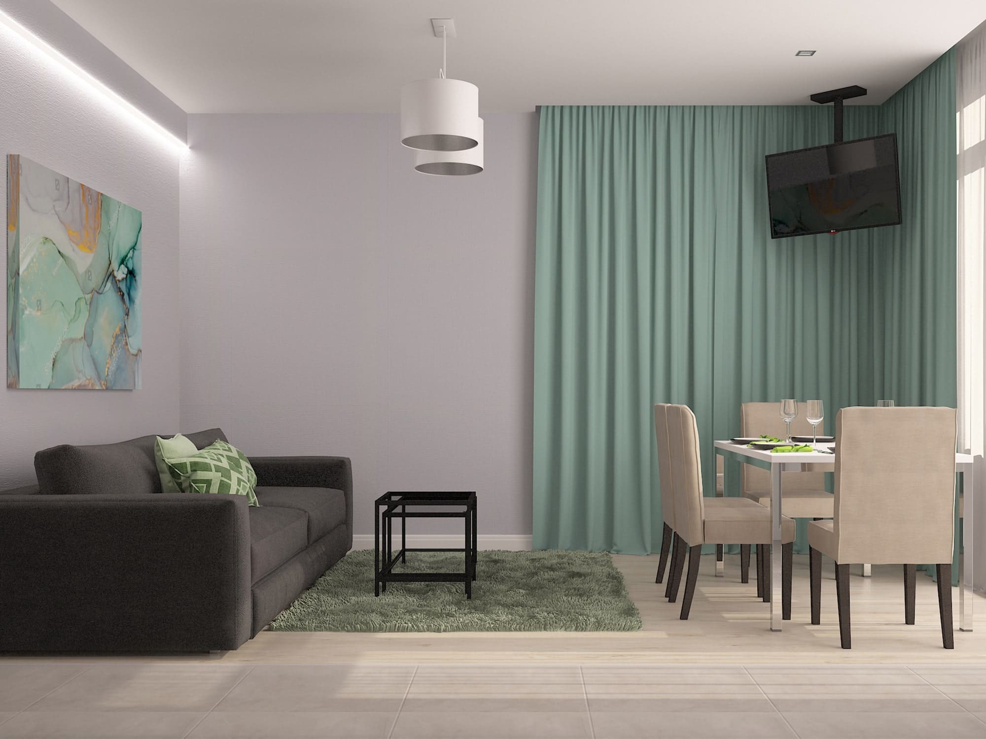 Проект гостиной с серым диваном, зелёными акцентами и настенной картиной
