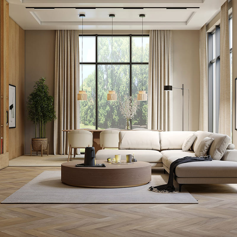 Дизайн интерьера дома в современном стиле с высокими потолками и окнами в пол