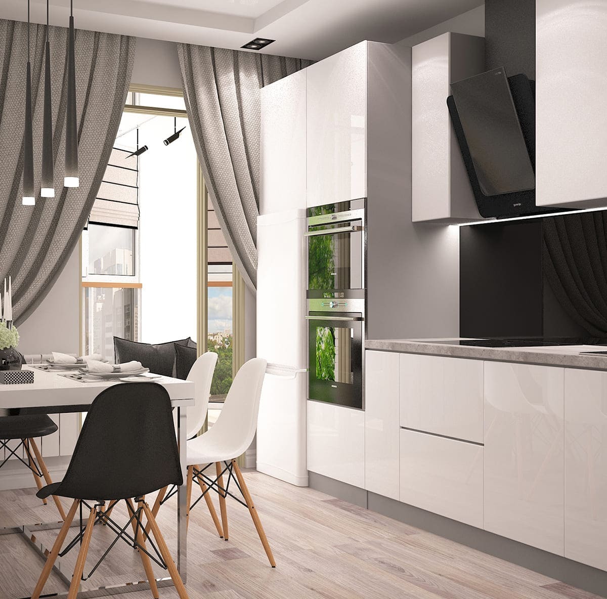 Светлый дизайн-проект кухни с угловой планировкой, встроенной чёрной техникой и мягким зонированием с помощью текстиля
