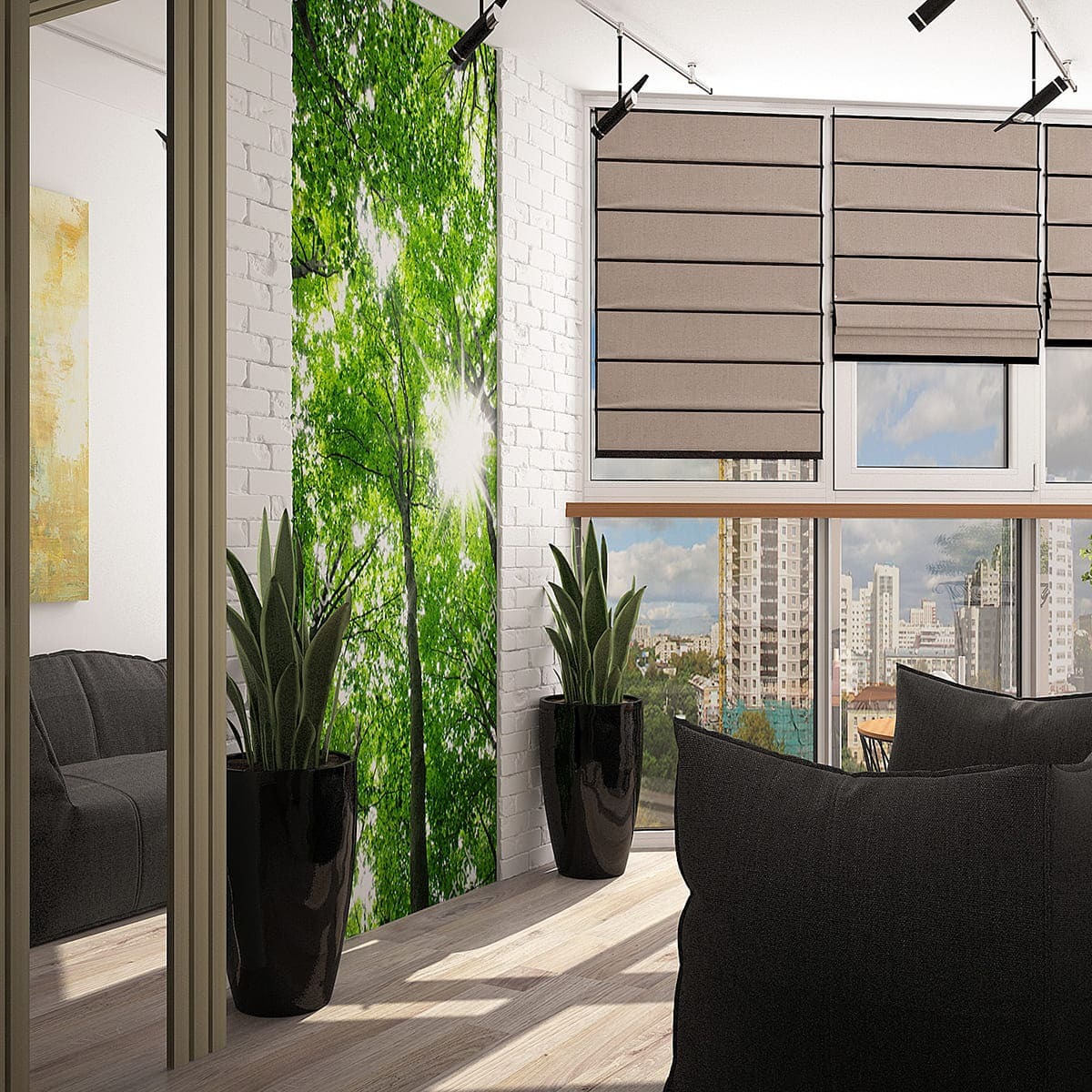 Интерьер лоджии с зелёной фотопанелью, панорамным остеклением и лакончной мебелью в современном городском стиле